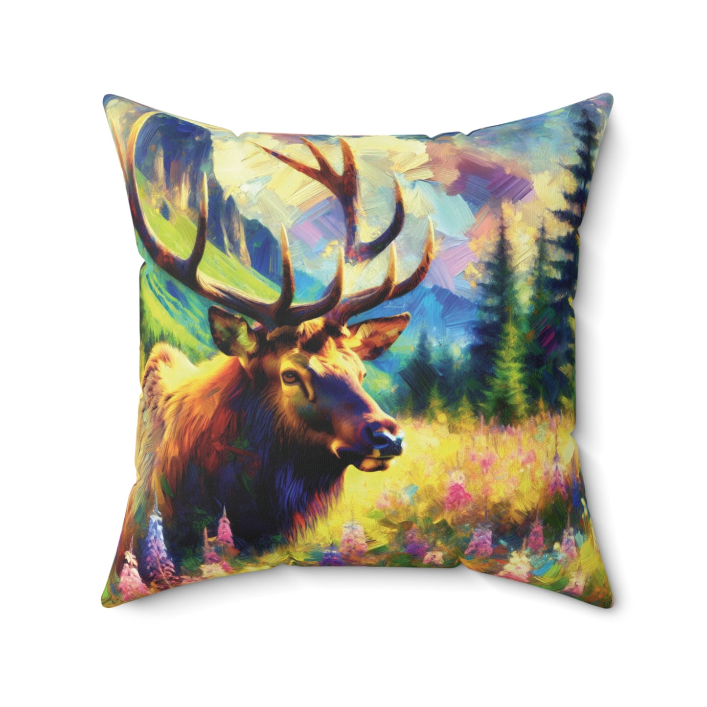 Bull Elk in Mountain Meadow - Square Throw Pillows
