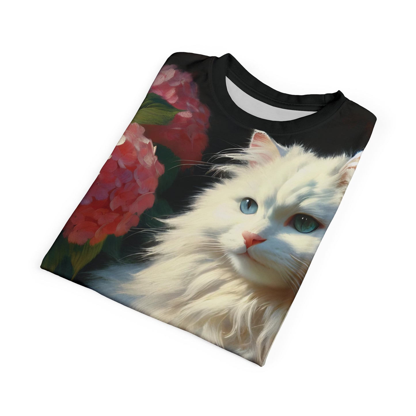 Blue-Eyed White Cat with Pink Hydrangeas Vibrant Art Tee | Colorful Unisex Cut & Sew T-Shirt, Wildlife Apparel, Unique Graphic Tee, Birthday Gift
