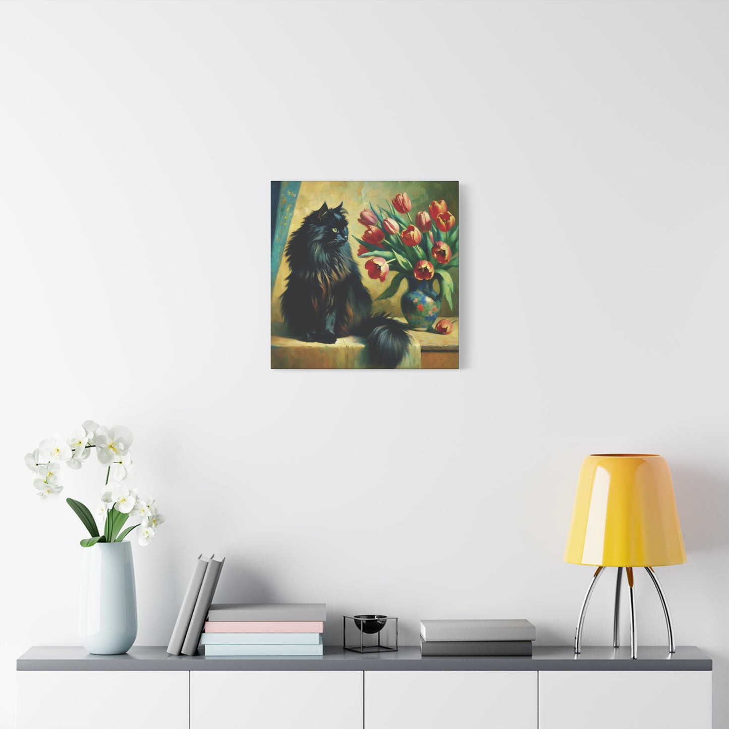 The Artist's Black Cat with Red Tulips - Impressionist Canvas Wall Art