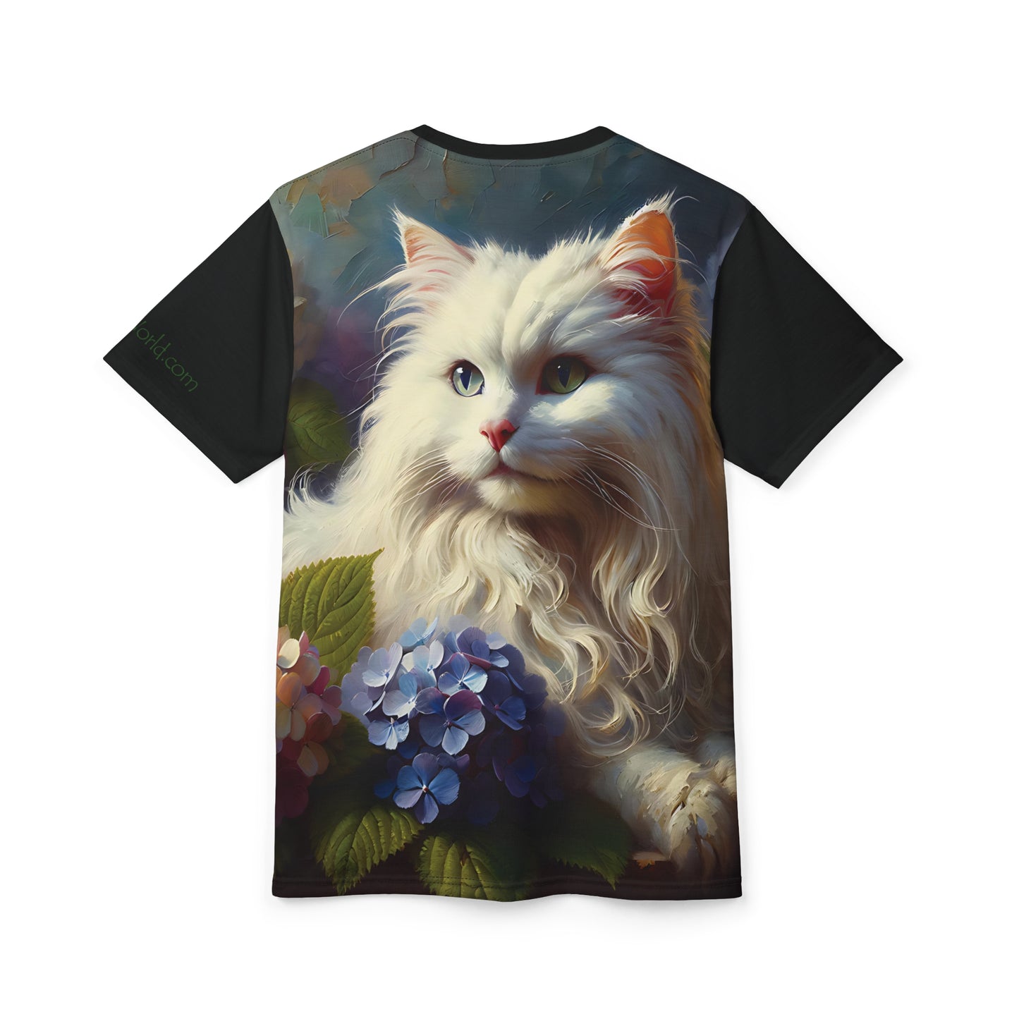 Young White Cat with Hydrangeas Vibrant Art Tee | Colorful Unisex Cut & Sew T-Shirt, Cat Lover Apparel, Unique Graphic Tee, Birthday Gift