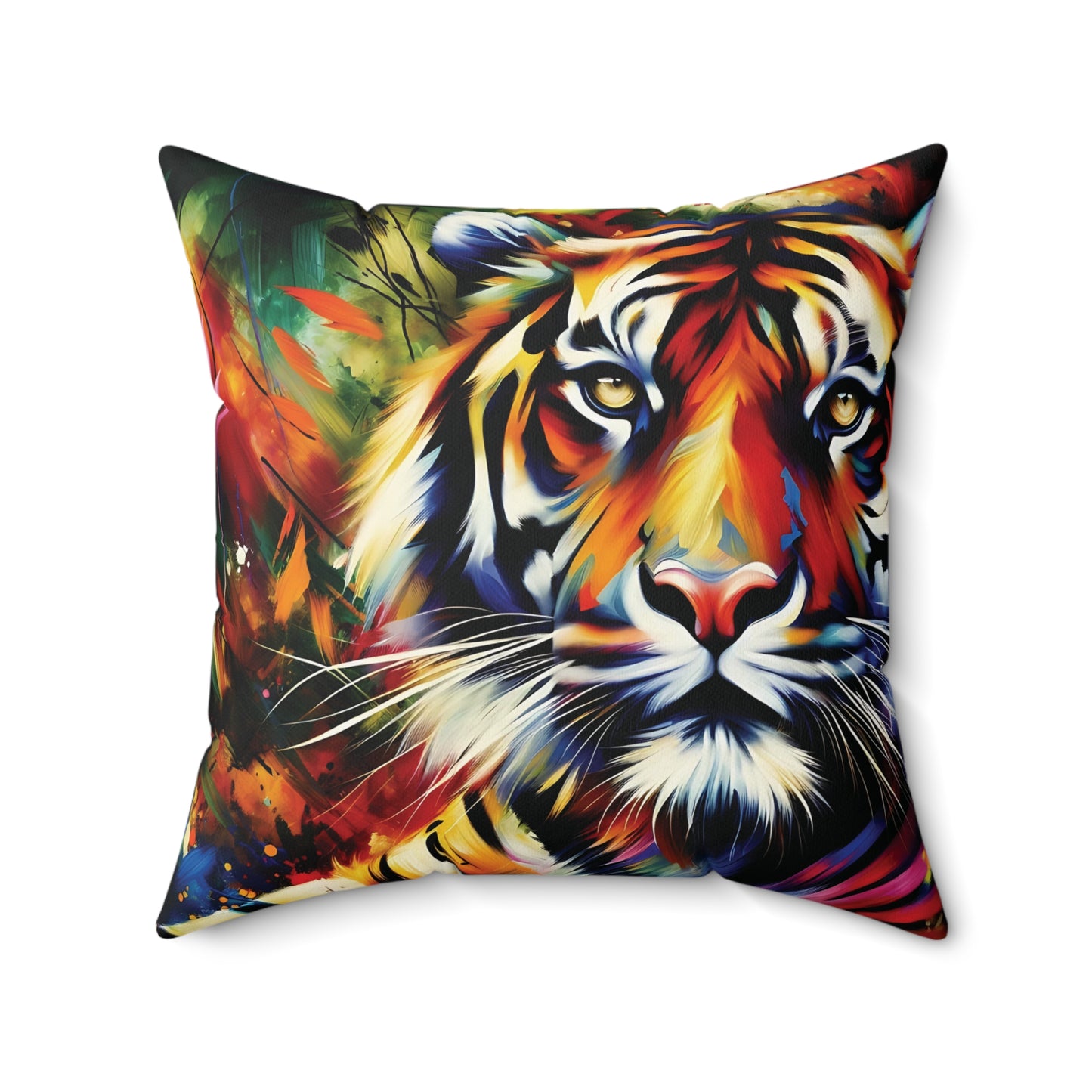 Tiger Pillow - Tiger Portrait in Bright Colors on Faux Suede Pillow