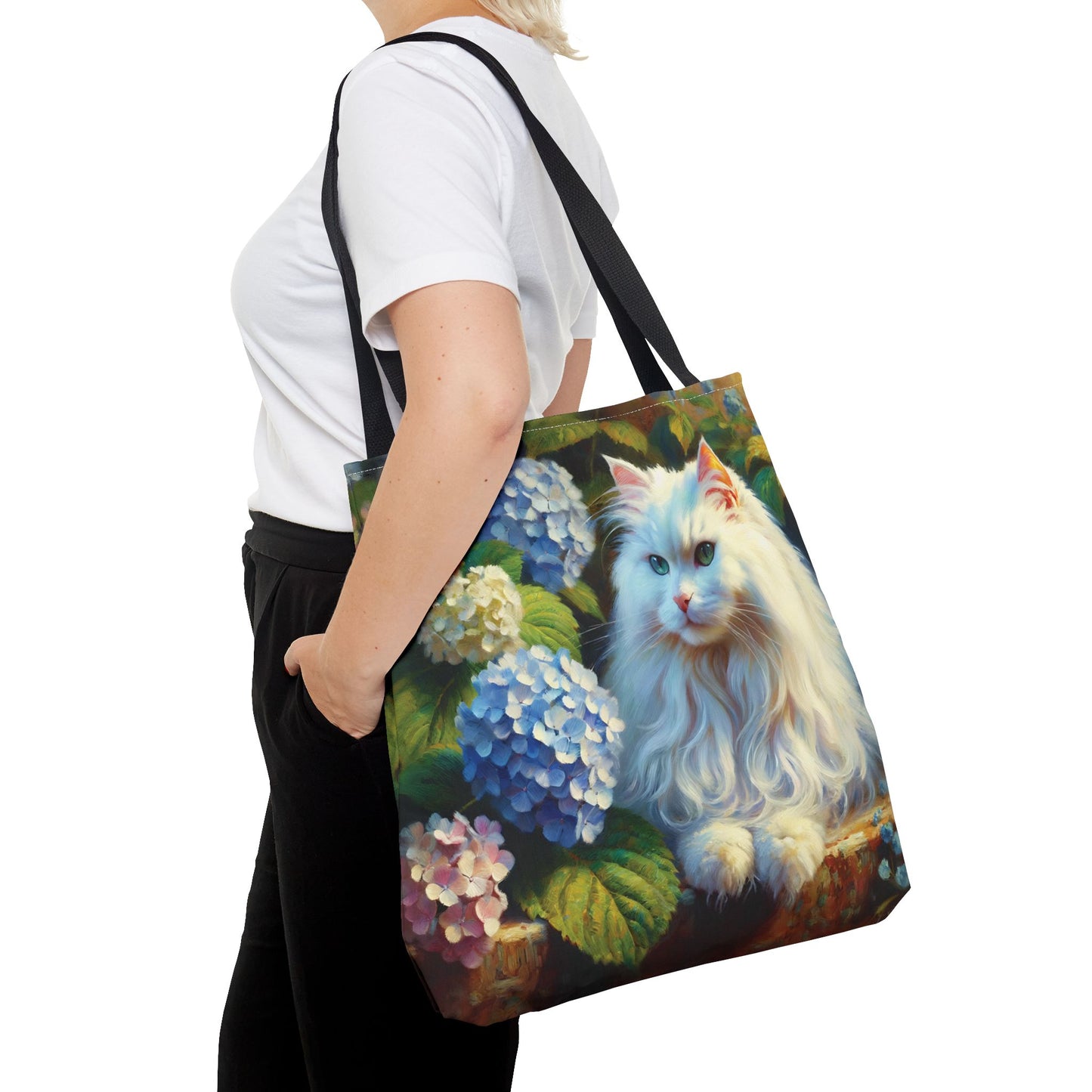 Cat Tote Bag - Impressionist Style Art featuring The Artist's White Cat with Hydrangeas