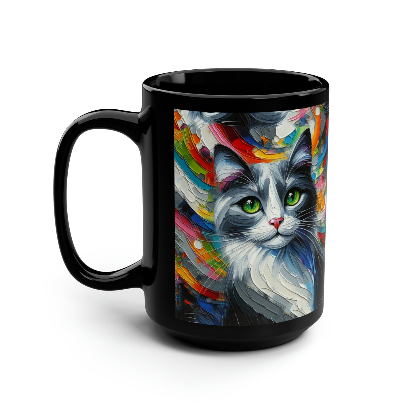 Grey and White Cat - Black Mug, 15oz