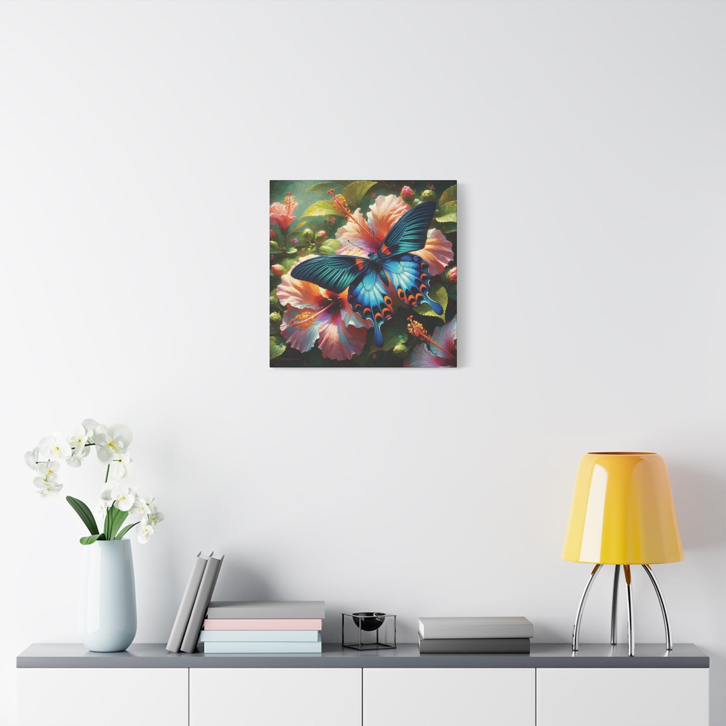 Butterfly Canvas Wall Art - Blue Butterfly with Hibiscus, Impressionist Art Style
