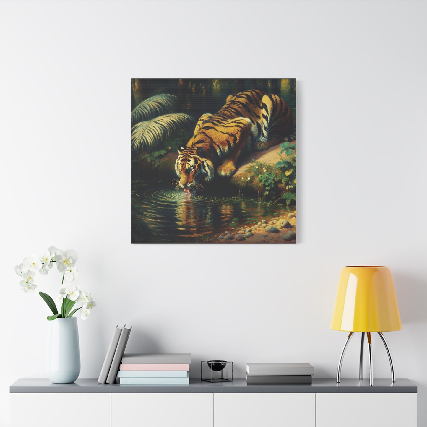 Tiger Drinking Impressionist Canvas Art Print