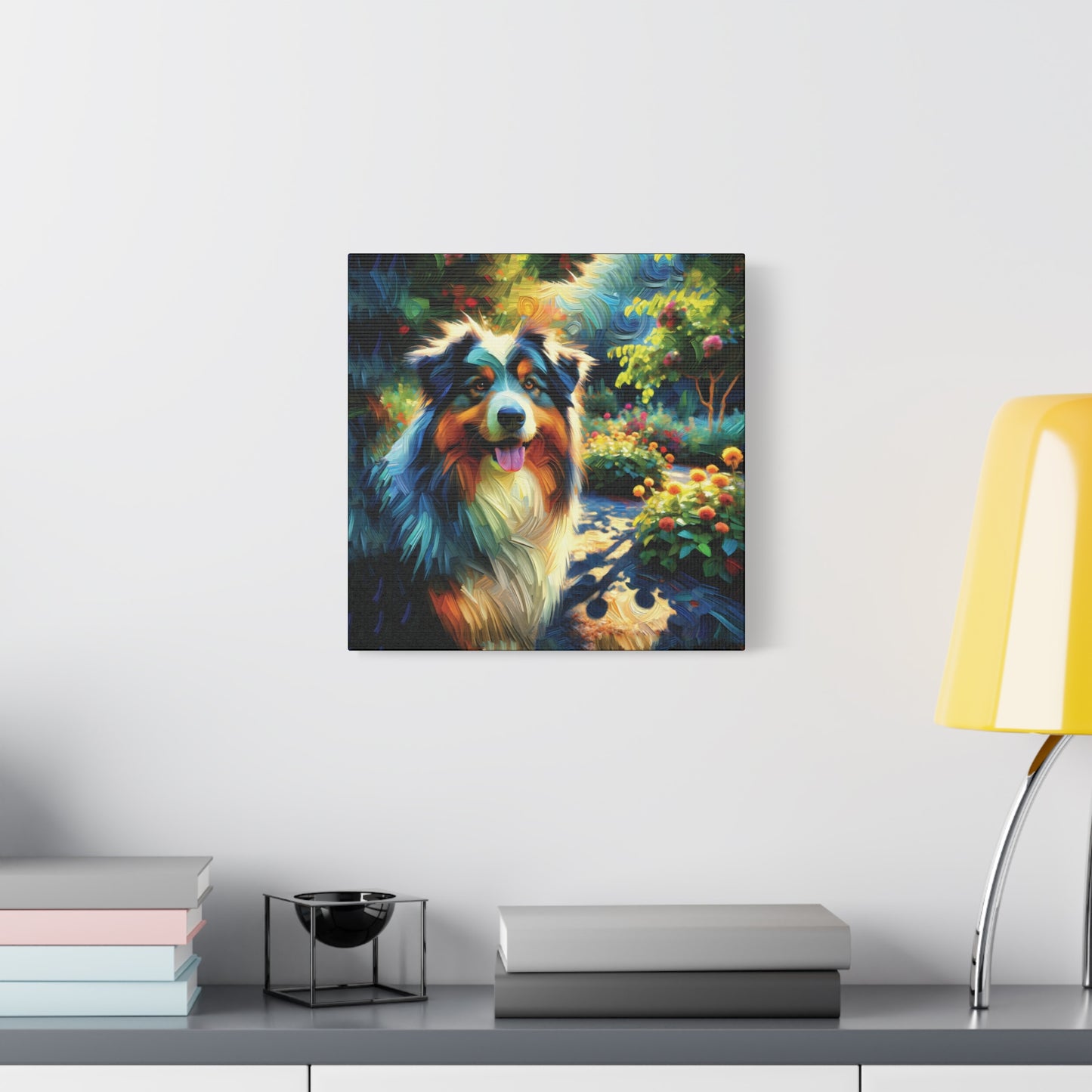Canvas Wall Art - Australian Shepherd on Garden Path, Contemporary Impressionist Art Print