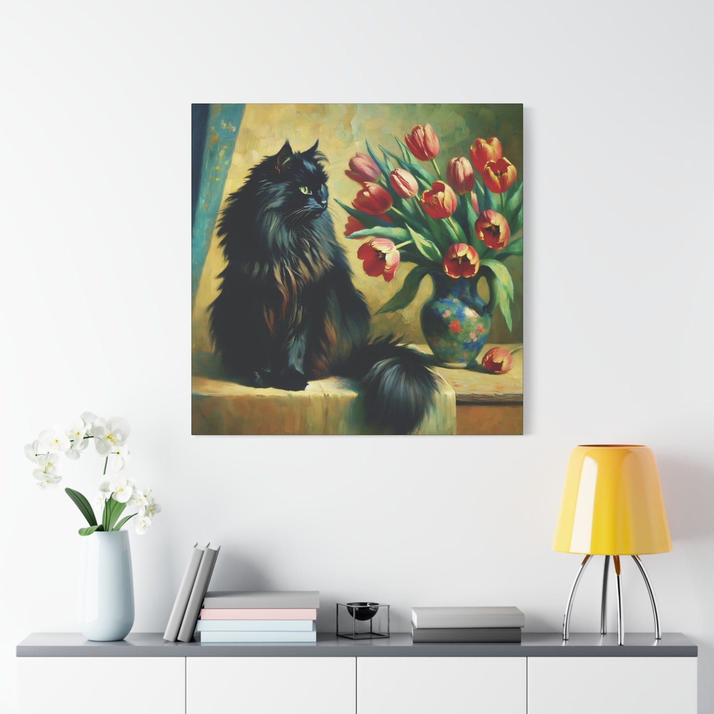 The Artist's Black Cat with Red Tulips - Impressionist Canvas Wall Art