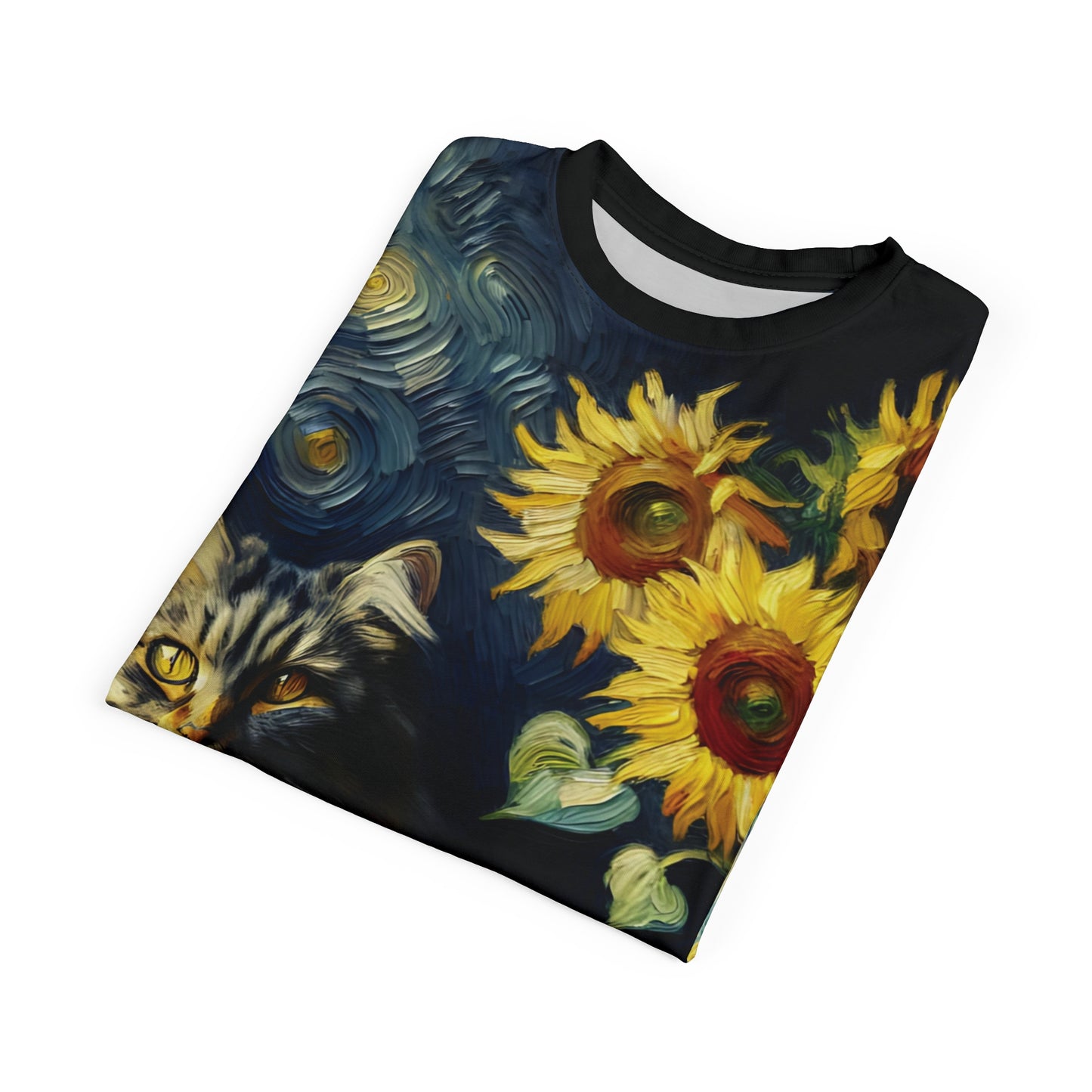 Grey Tabby Cat with Sunflowers Vibrant Art Tee | Colorful Unisex Cut & Sew T-Shirt, Cat Lover Apparel, Unique Graphic Tee, Birthday Gift