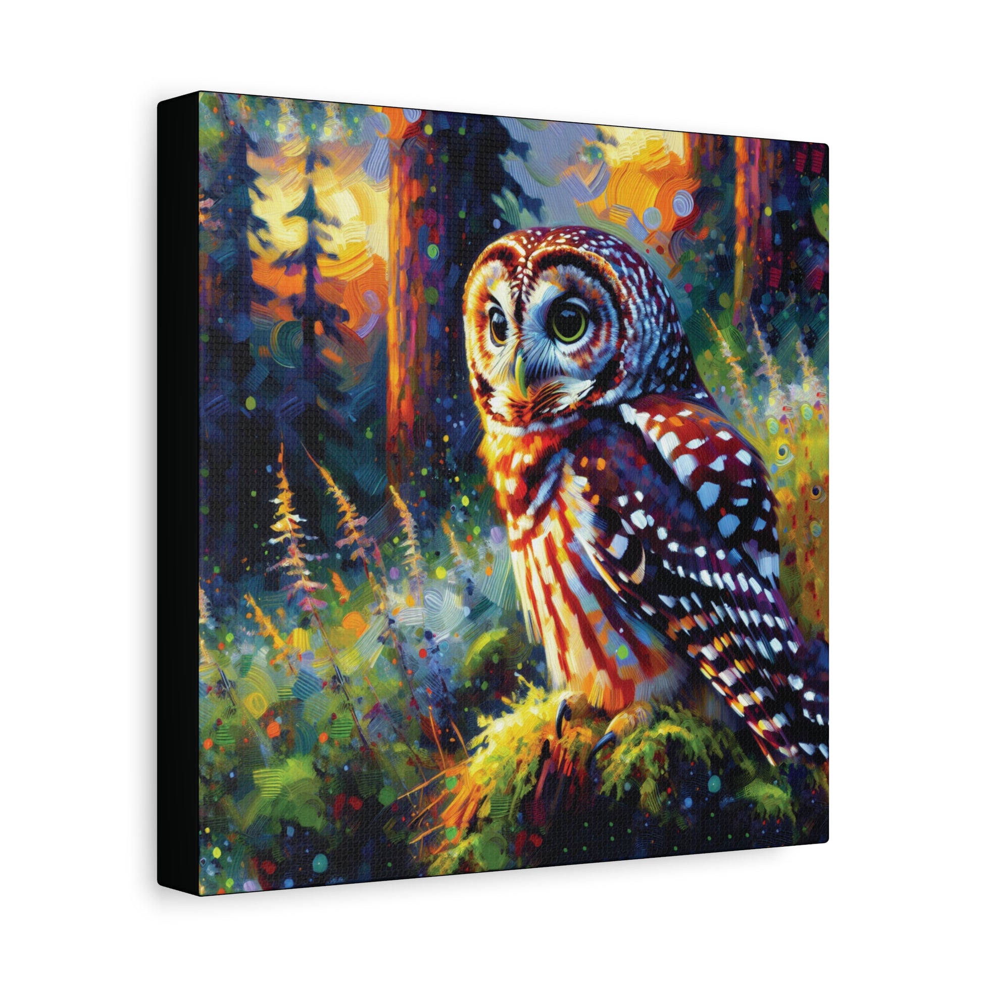 Canvas print of an owl in a forest with vibrant colors