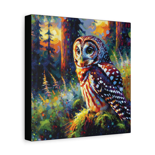 Canvas print of an owl in a forest with vibrant colors