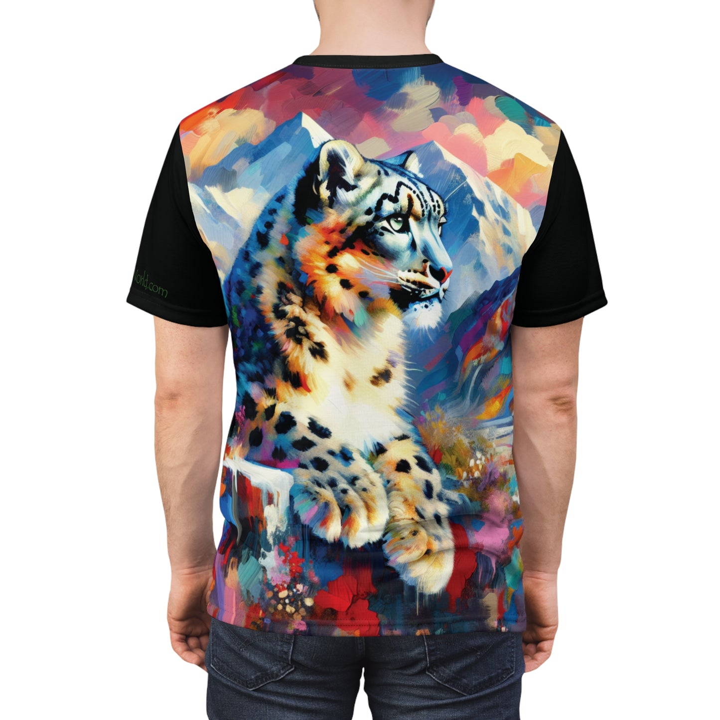 Himalayan Snow Leopard Vibrant Art Tee | Colorful Unisex Cut & Sew T-Shirt, Wildlife Apparel, Unique Graphic Tee, Birthday Gift