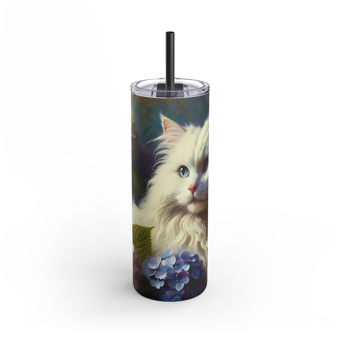 Travel Mug - The Artist's White Cat with Hydrangeas - Impressionist Art Style