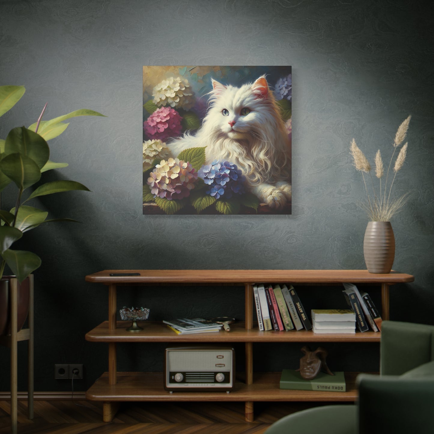 The Artist's White Cat with Hydrangeas, Impressionist Style Canvas Wall Art