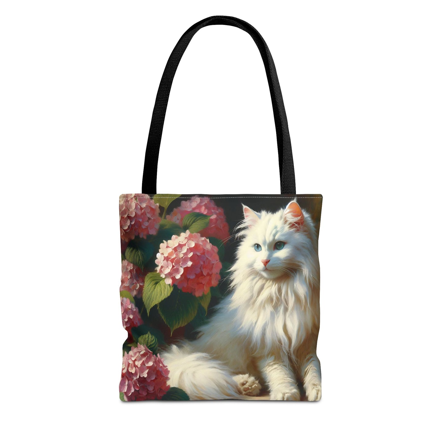 Cat Tote Bag with Pink Hydrangeas - Impressionist Style Art