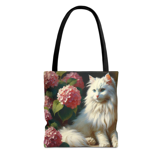 Cat Tote Bag with Pink Hydrangeas - Impressionist Style Art