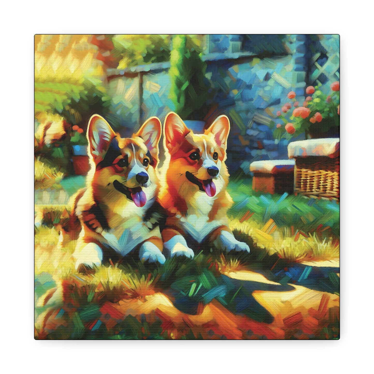 Canvas Wall Art - Pembroke Corgi Pair Resting in Garden - Contemporary Impressionist Print