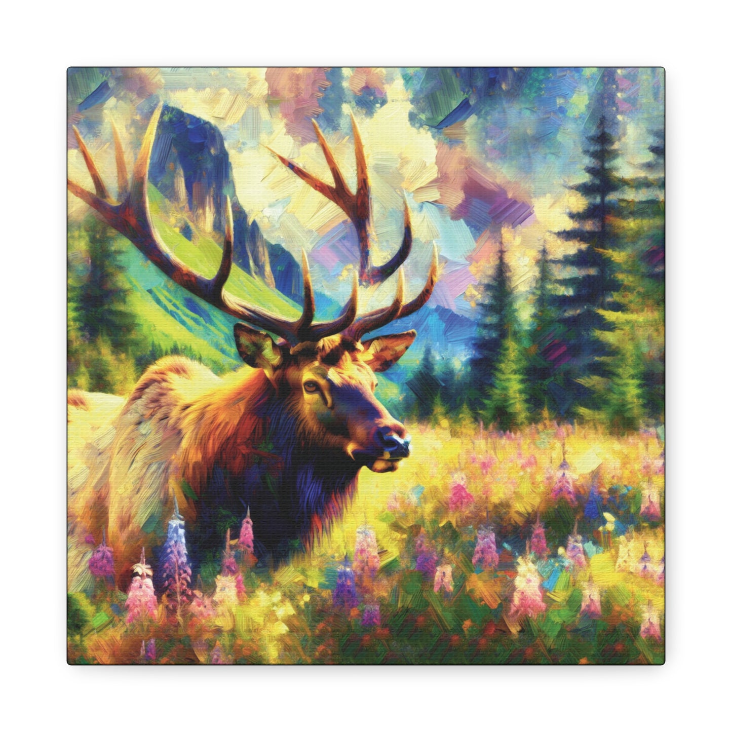 Bull Elk in Mountain Meadow Impressionist Canvas Art Print