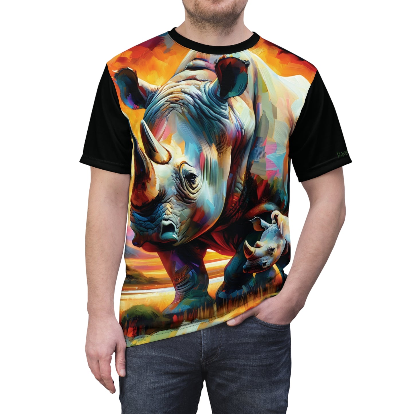 Rhinos at Sunset Art Tee | Colorful Unisex Cut & Sew T-Shirt, Wildlife Apparel, Unique Graphic Tee, Birthday Gift