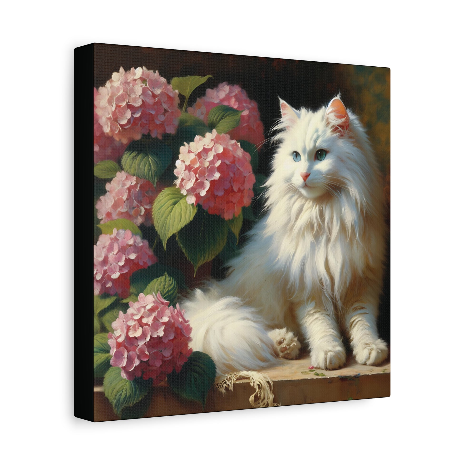 Canvas print of a white cat sitting next to pink hydrangea flowers