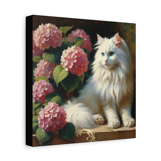 Canvas print of a white cat sitting next to pink hydrangea flowers