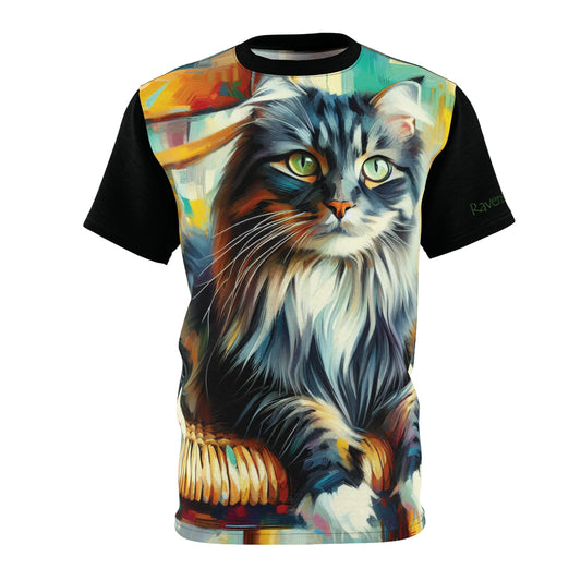 Longhaired Cat on Wooden Chair Vibrant Art Tee | Colorful Unisex Cut & Sew T-Shirt, Wildlife Apparel, Unique Graphic Tee, Birthday Gift