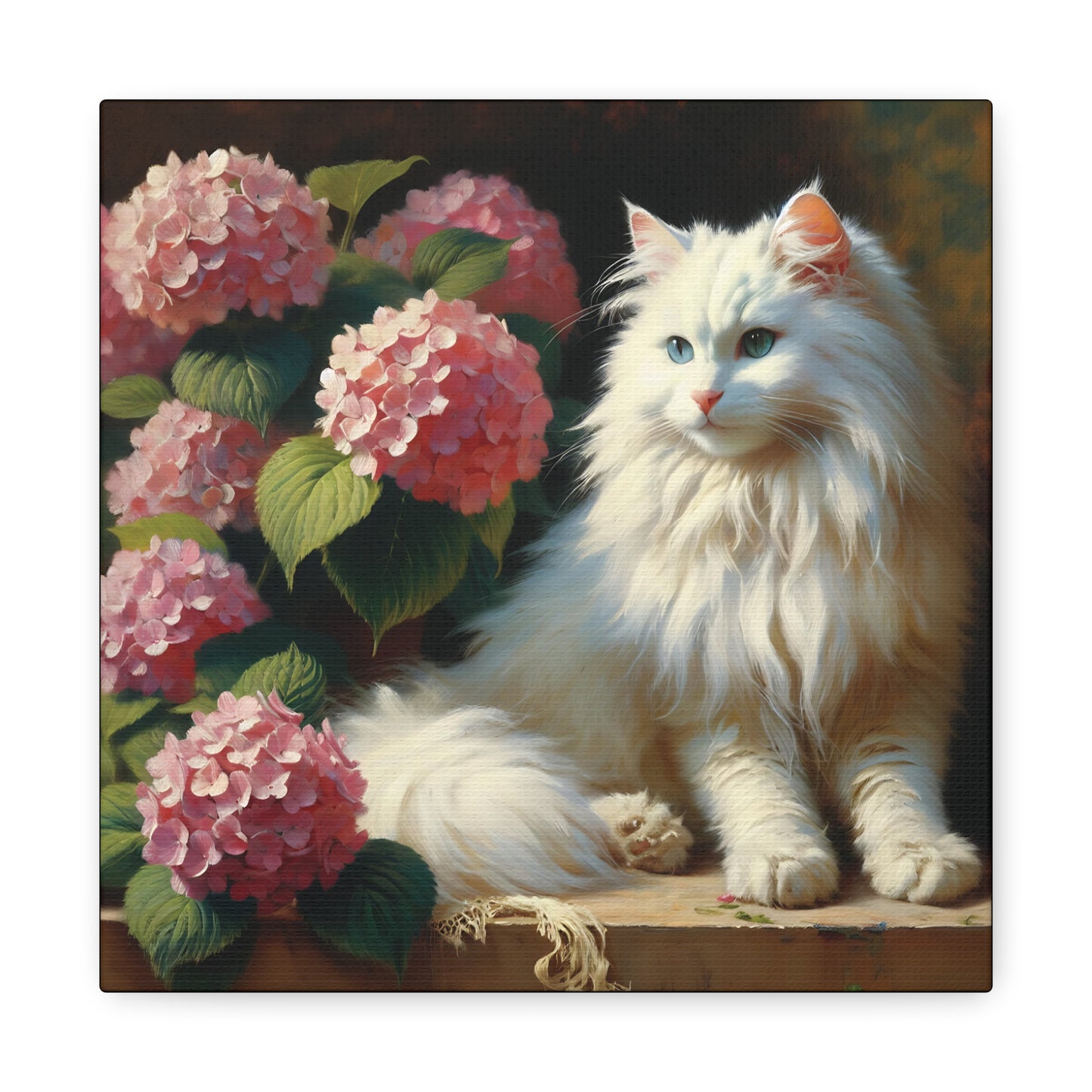 Canvas Wall Art - Blue-Eyed White Cat with Pink Hydrangeas, Impressionist Style Square Print