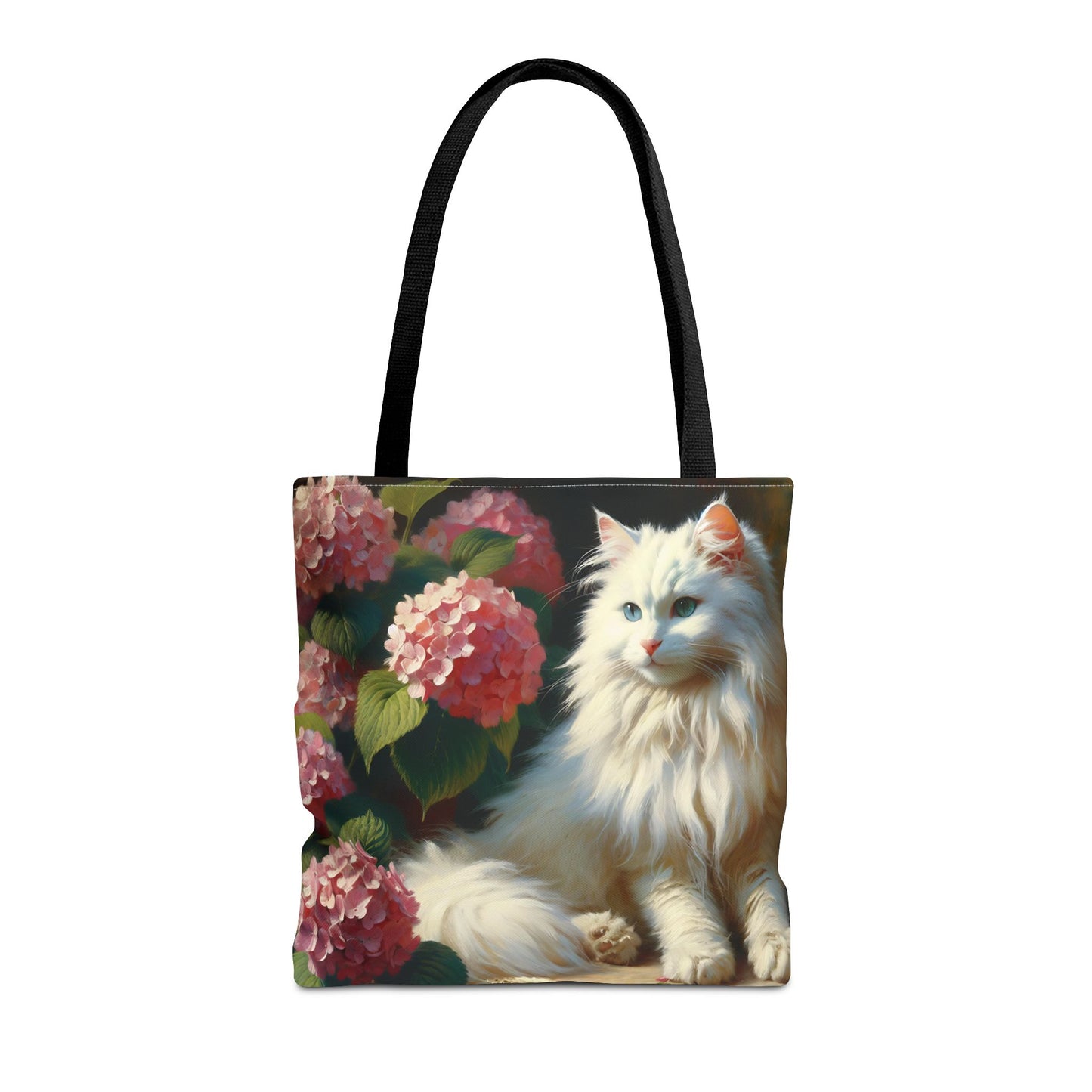Cat Tote Bag with Pink Hydrangeas - Impressionist Style Art