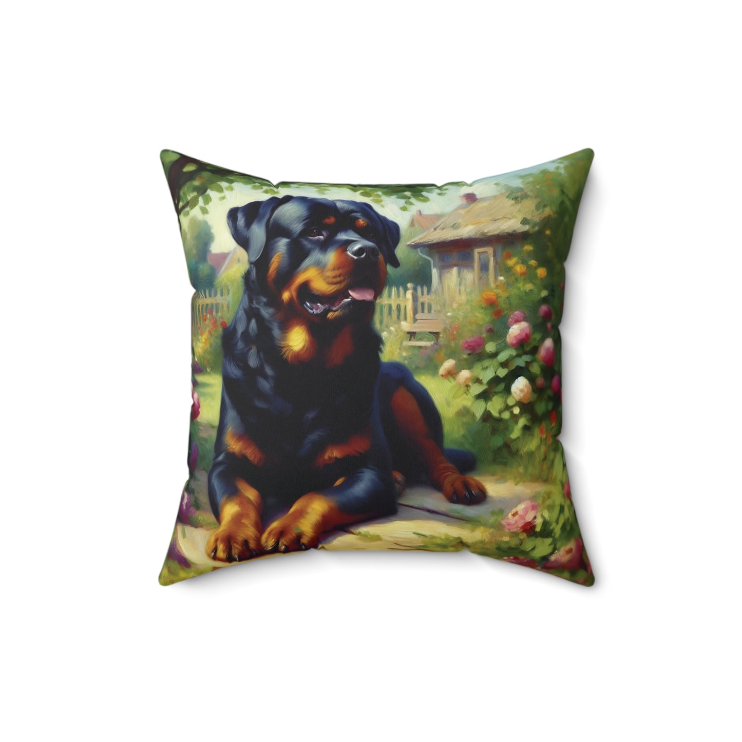 Rottweiler Throw Pillow - Impressionist Style Art - Rottweiler in Garden on Faux Suede Square Pillow