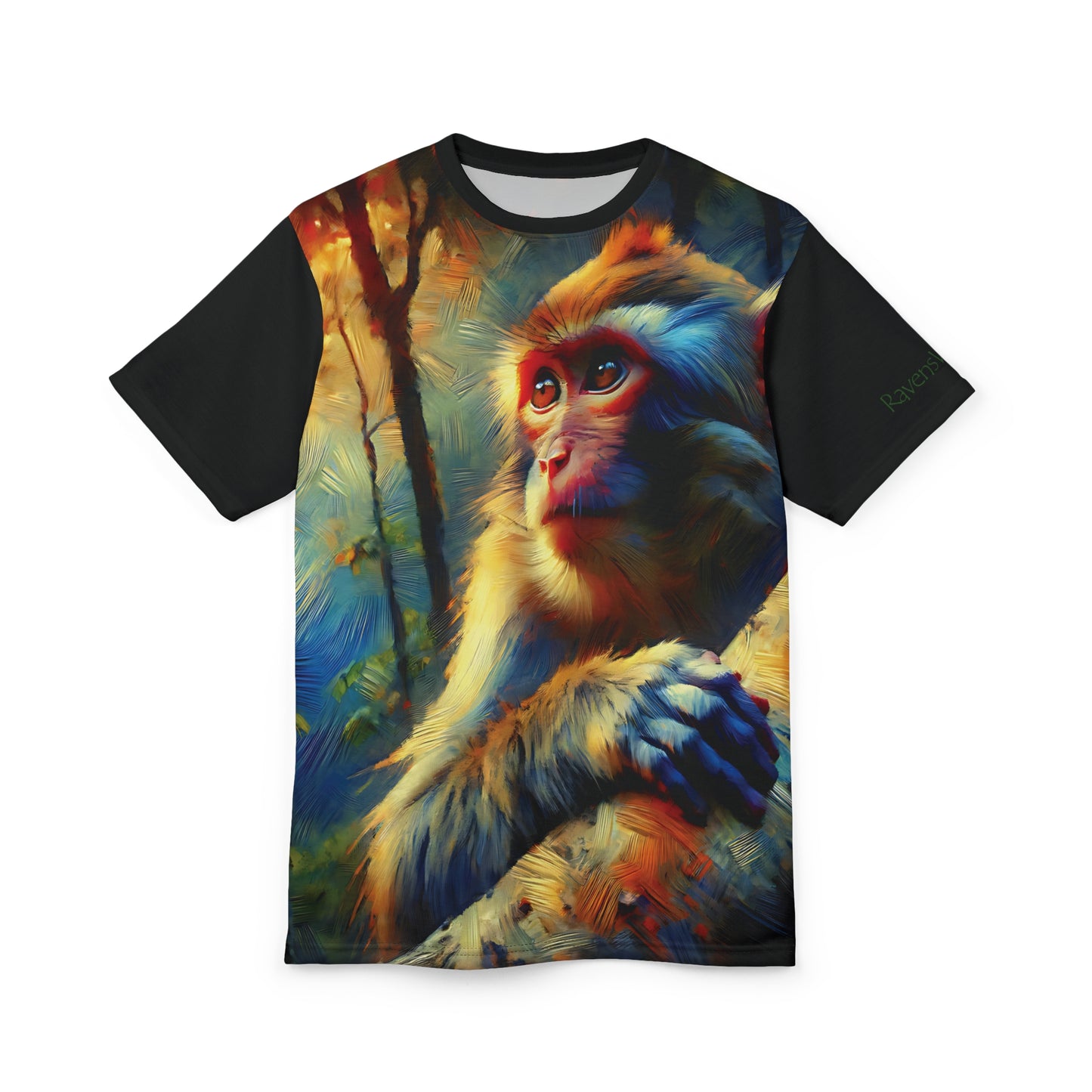 Monkey Vibrant Art Tee | Rhesus Macaque Colorful Unisex Cut & Sew T-Shirt, Wildlife Apparel, Unique Graphic Tee
