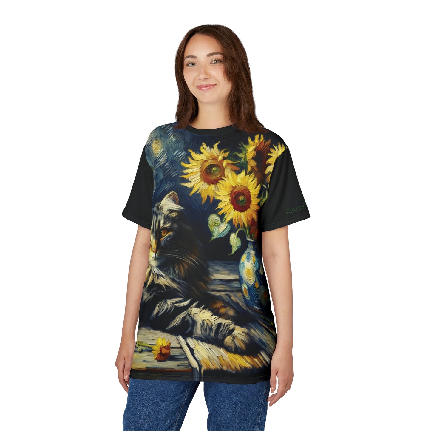 Grey Tabby Cat with Sunflowers Vibrant Art Tee | Colorful Unisex Cut & Sew T-Shirt, Cat Lover Apparel, Unique Graphic Tee, Birthday Gift