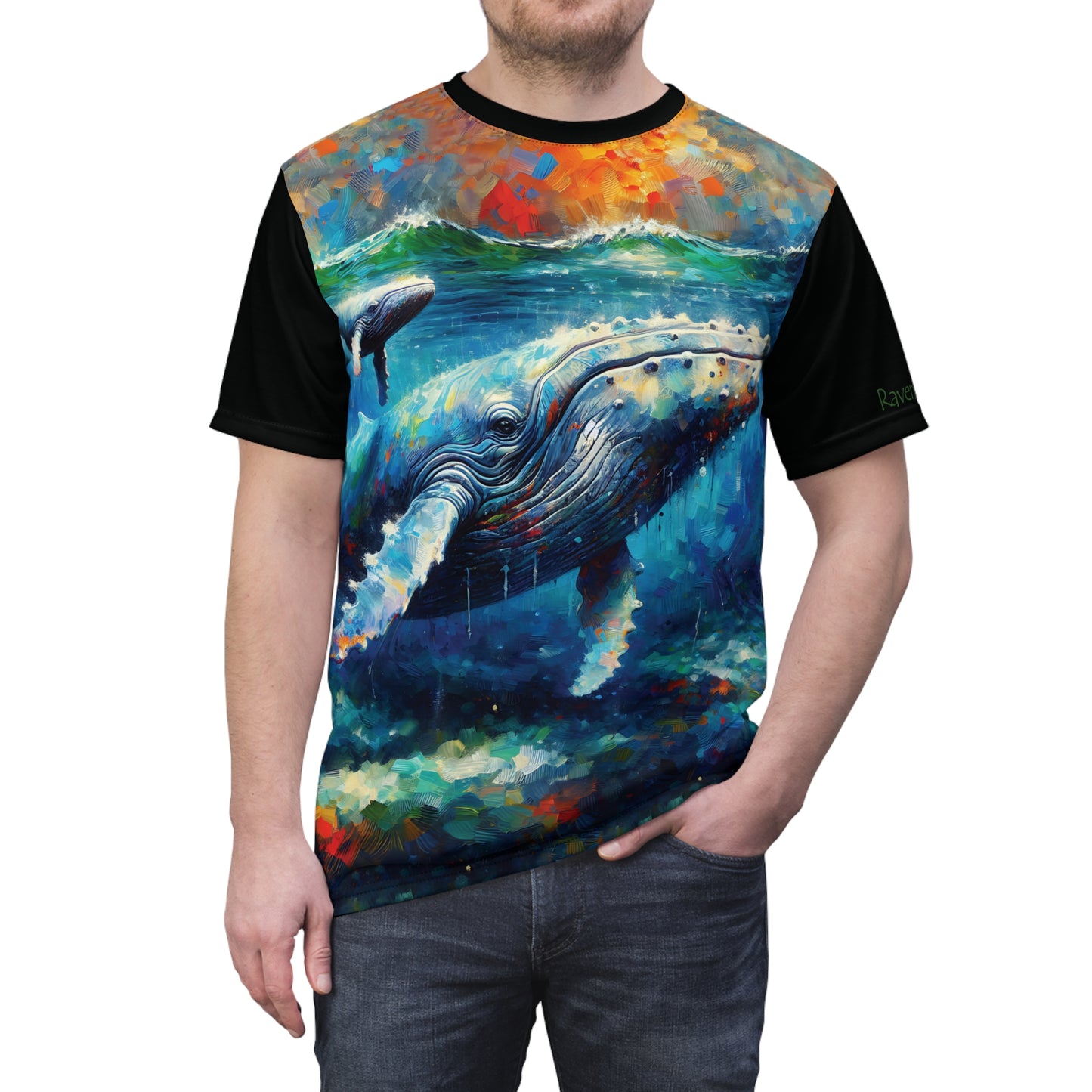 Humpback Whale and Calf Art Tee | Colorful Unisex Cut & Sew T-Shirt, Wildlife Apparel, Unique Graphic Tee