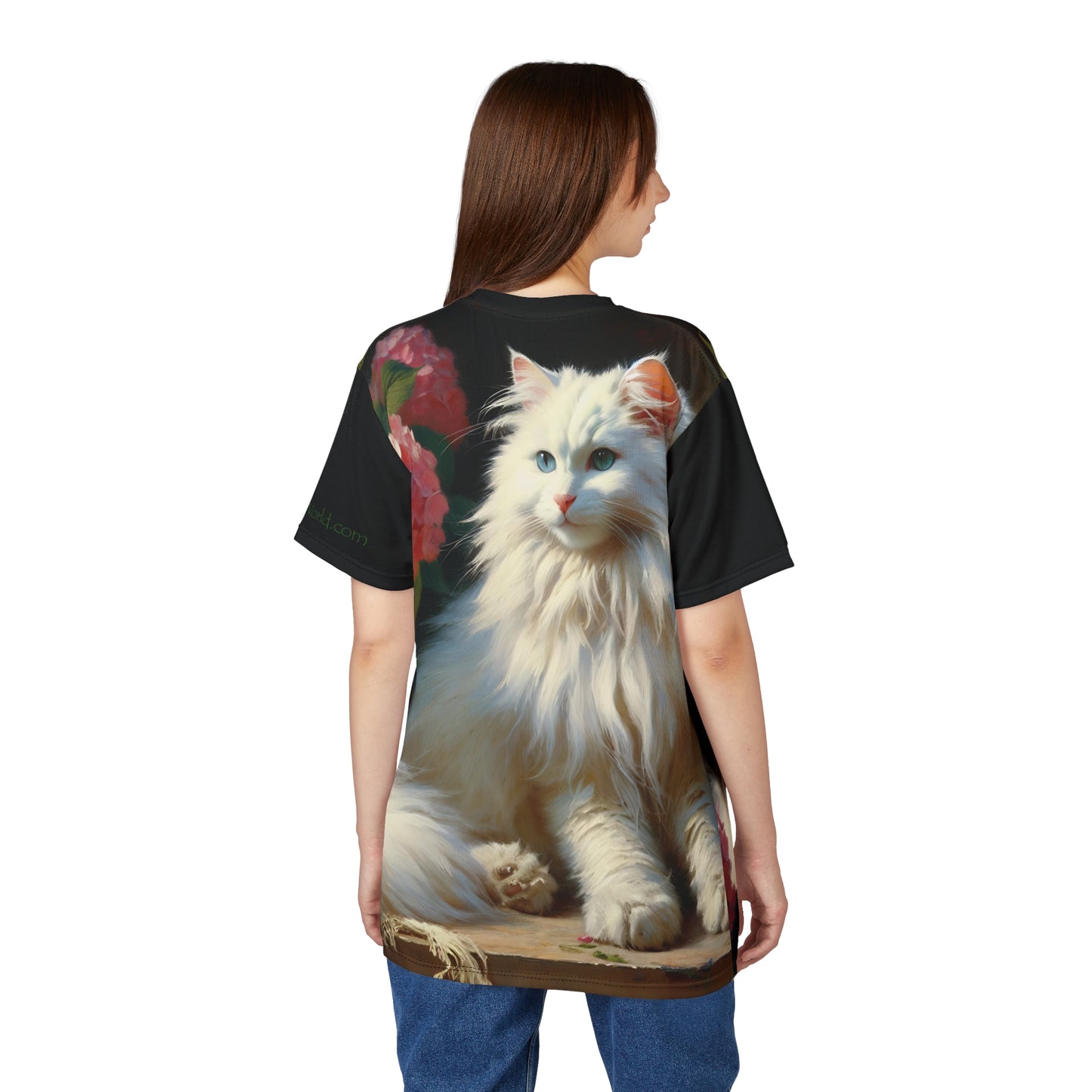 Blue-Eyed White Cat with Pink Hydrangeas Vibrant Art Tee | Colorful Unisex Cut & Sew T-Shirt, Wildlife Apparel, Unique Graphic Tee, Birthday Gift