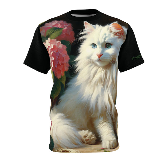 Blue-Eyed White Cat with Pink Hydrangeas Vibrant Art Tee | Colorful Unisex Cut & Sew T-Shirt, Wildlife Apparel, Unique Graphic Tee, Birthday Gift