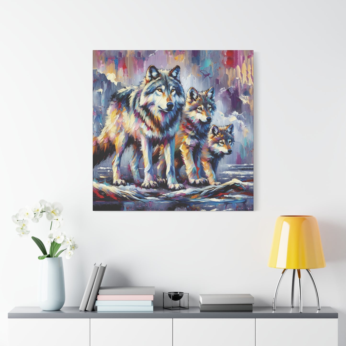 Wolf Canvas Wall Art - Wolf with Juveniles Expressionist Canvas Print