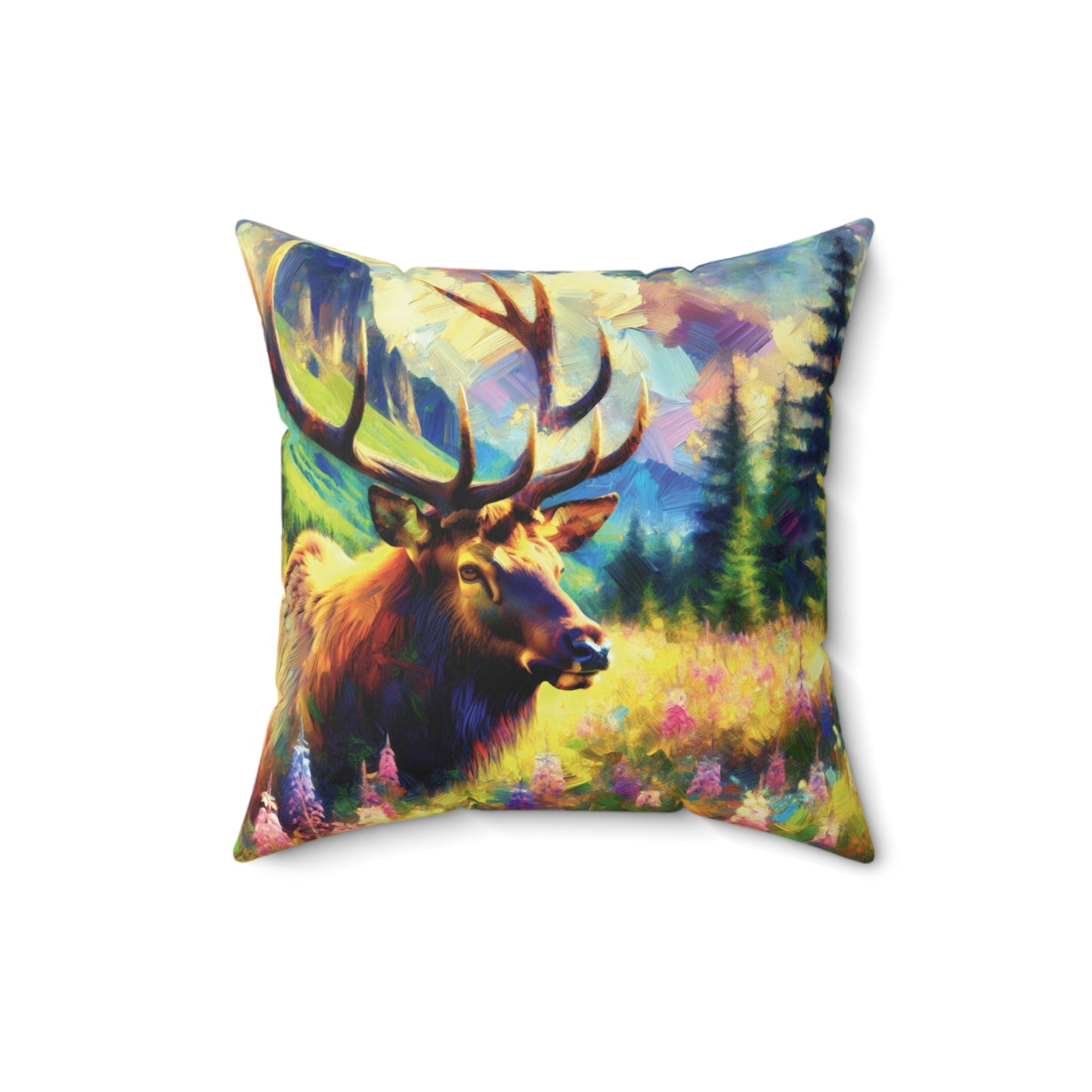 Bull Elk in Mountain Meadow - Square Throw Pillows