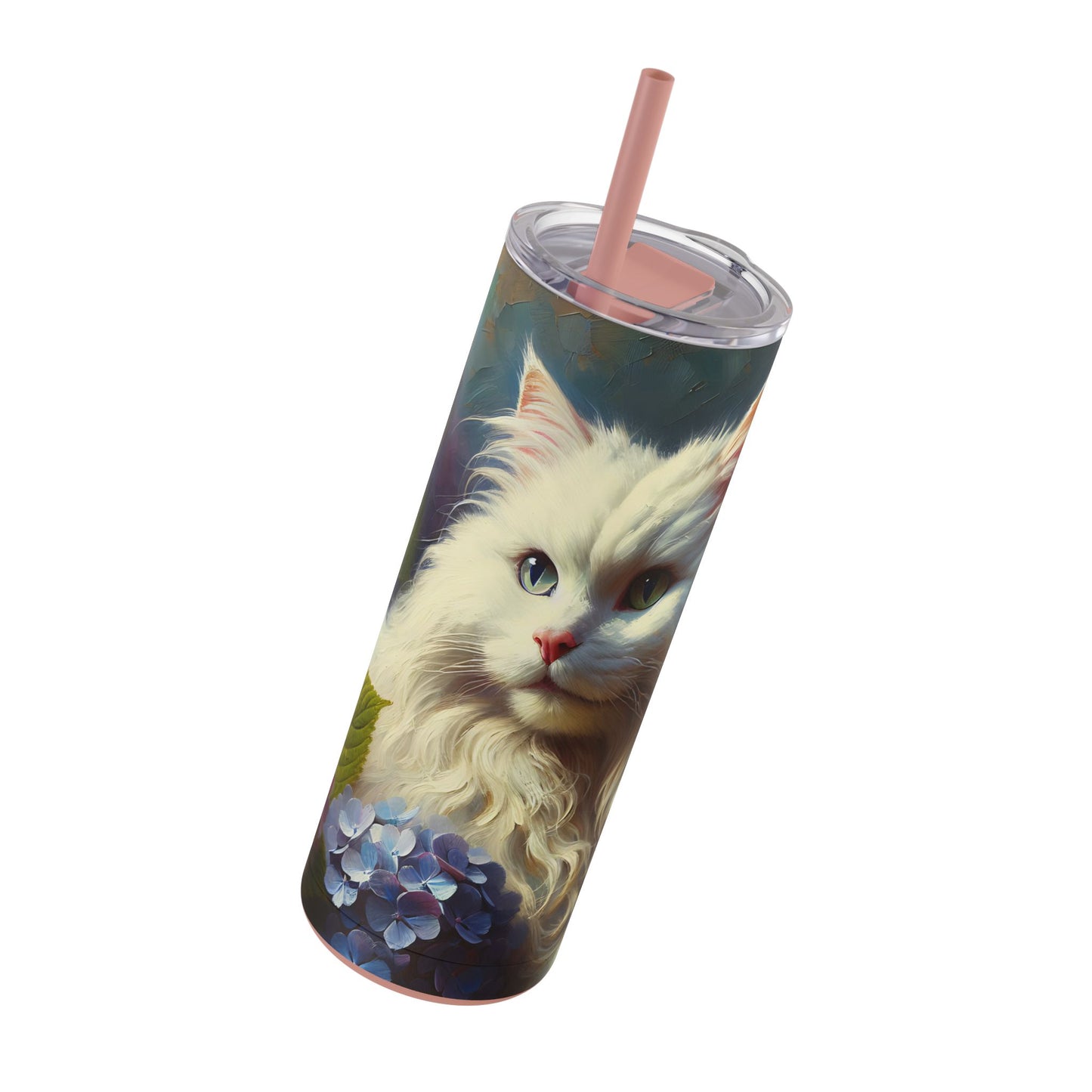 Travel Mug - The Artist's White Cat with Hydrangeas - Impressionist Art Style