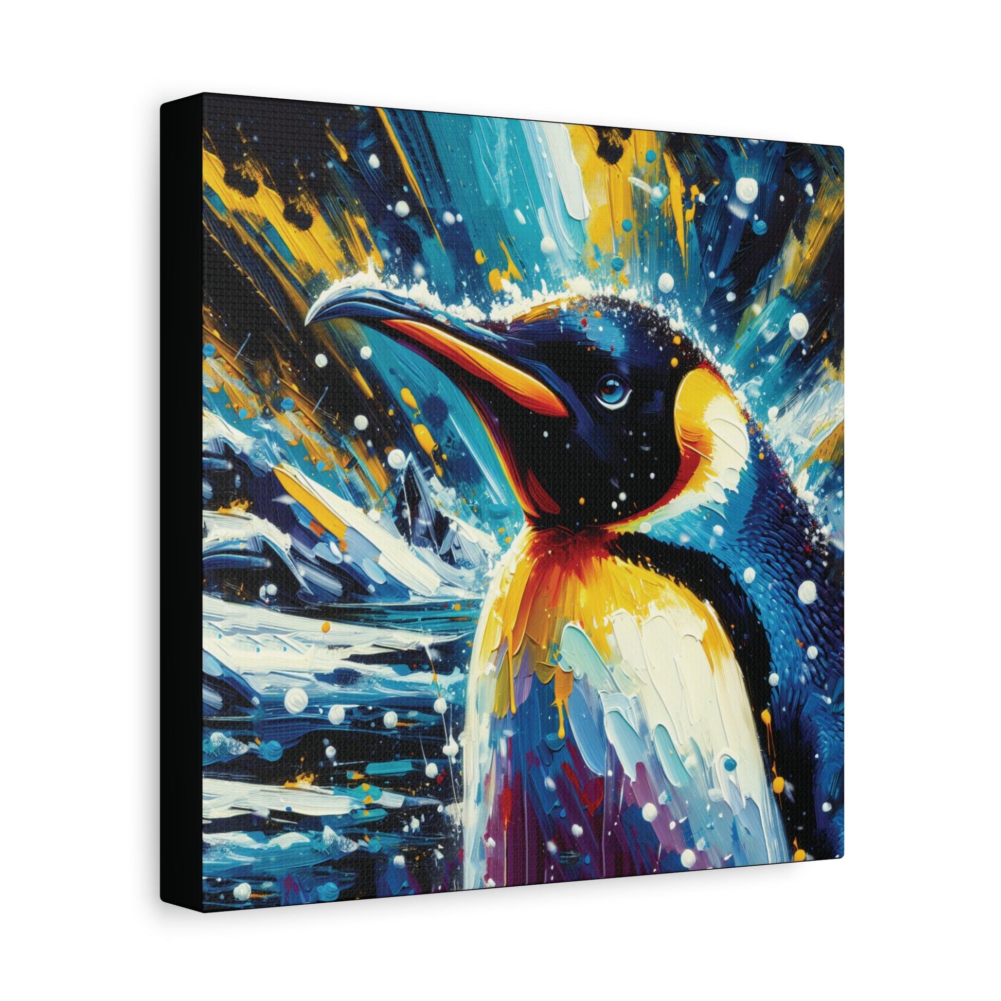 Colorful painting of an emperor penguin on a snowy background