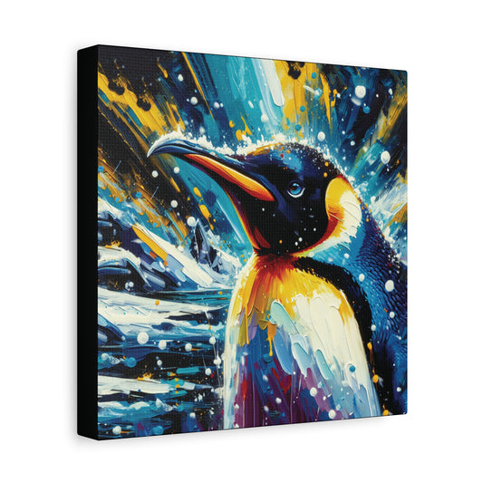 Colorful painting of an emperor penguin on a snowy background
