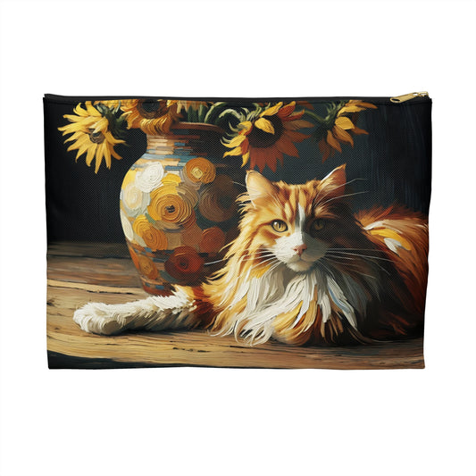 Cat Lover's Accessory Pouch, Orange and White Cat with Sunflowers, Cute Cat Makeup Bag, Pet-Themed Gift, Floral Storage Bag, Cat Mom Essential