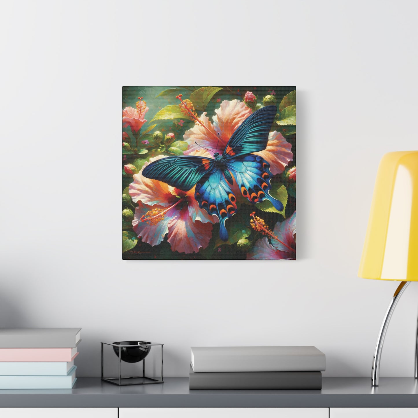 Butterfly Canvas Wall Art - Blue Butterfly with Hibiscus, Impressionist Art Style
