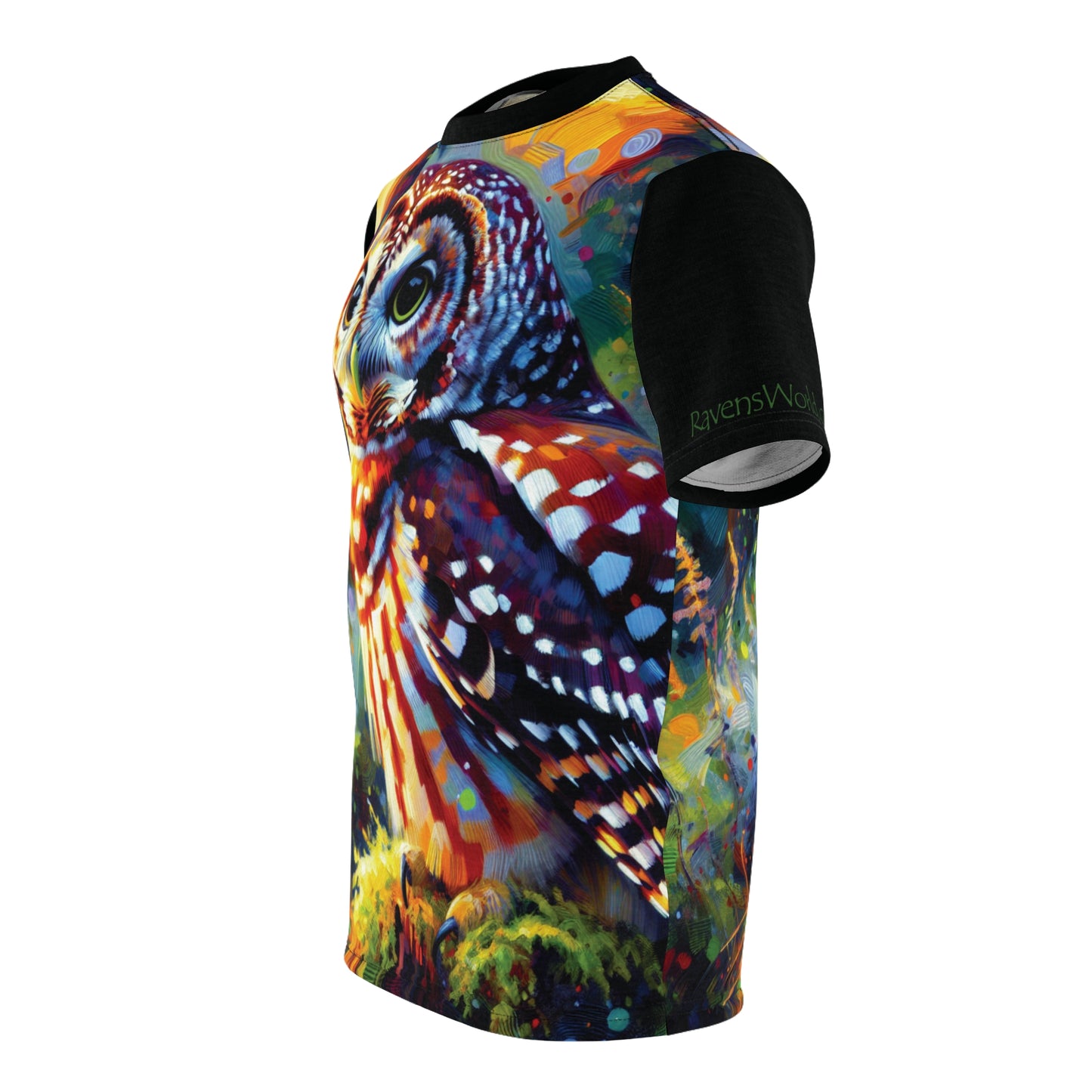 Barred Owl at Sunset Vibrant Art Tee | Colorful Unisex Cut & Sew T-Shirt, Wildlife Apparel, Unique Graphic Tee, Birthday Gift