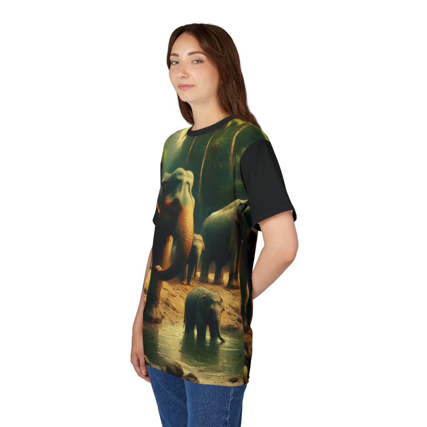 Asiatic Elephant Herd at Watering Hole Vibrant Art Tee | Colorful Unisex Cut & Sew T-Shirt, Wildlife Apparel, Unique Graphic Tee, Birthday Gift