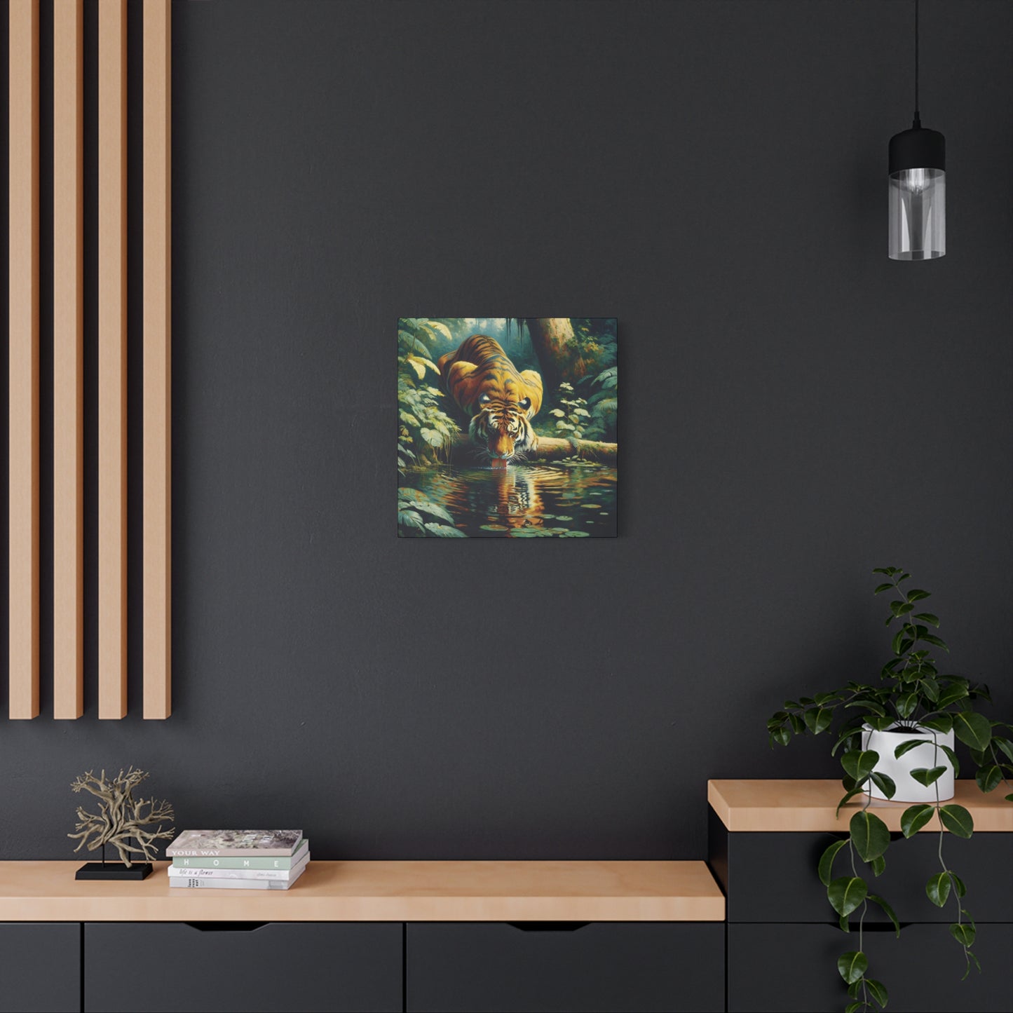 Tiger at Pond Impressionist Canvas Art Print