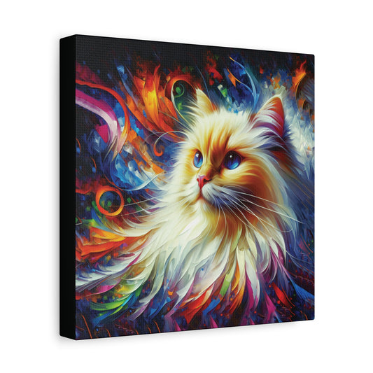 A canvas wall art print of a flame point longhaired Siamese cat with a colorful and abstract background.