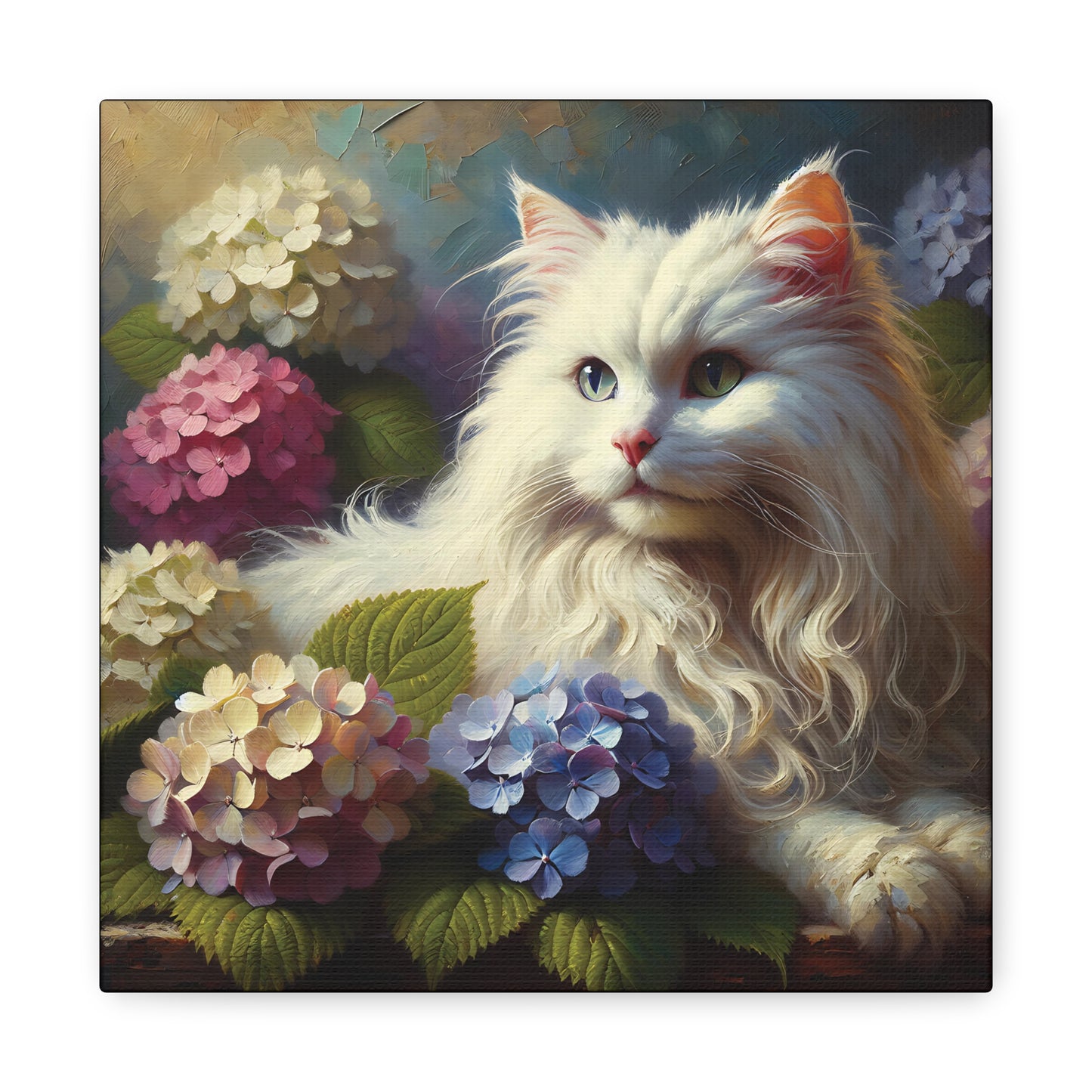The Artist's White Cat with Hydrangeas, Impressionist Style Canvas Wall Art