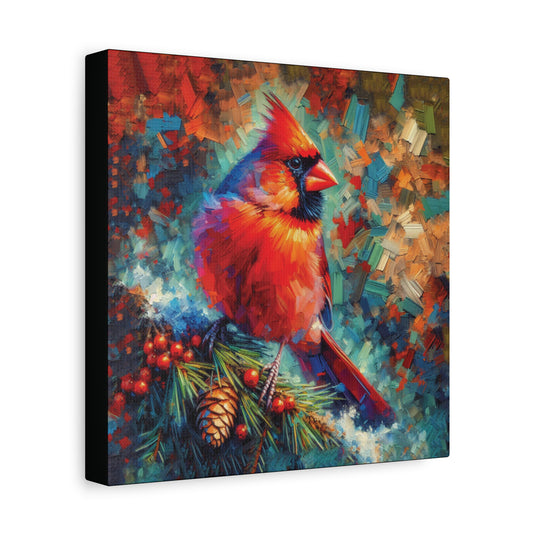 Canvas print of a colorful cardinal bird painting with a multicolored abstract background.