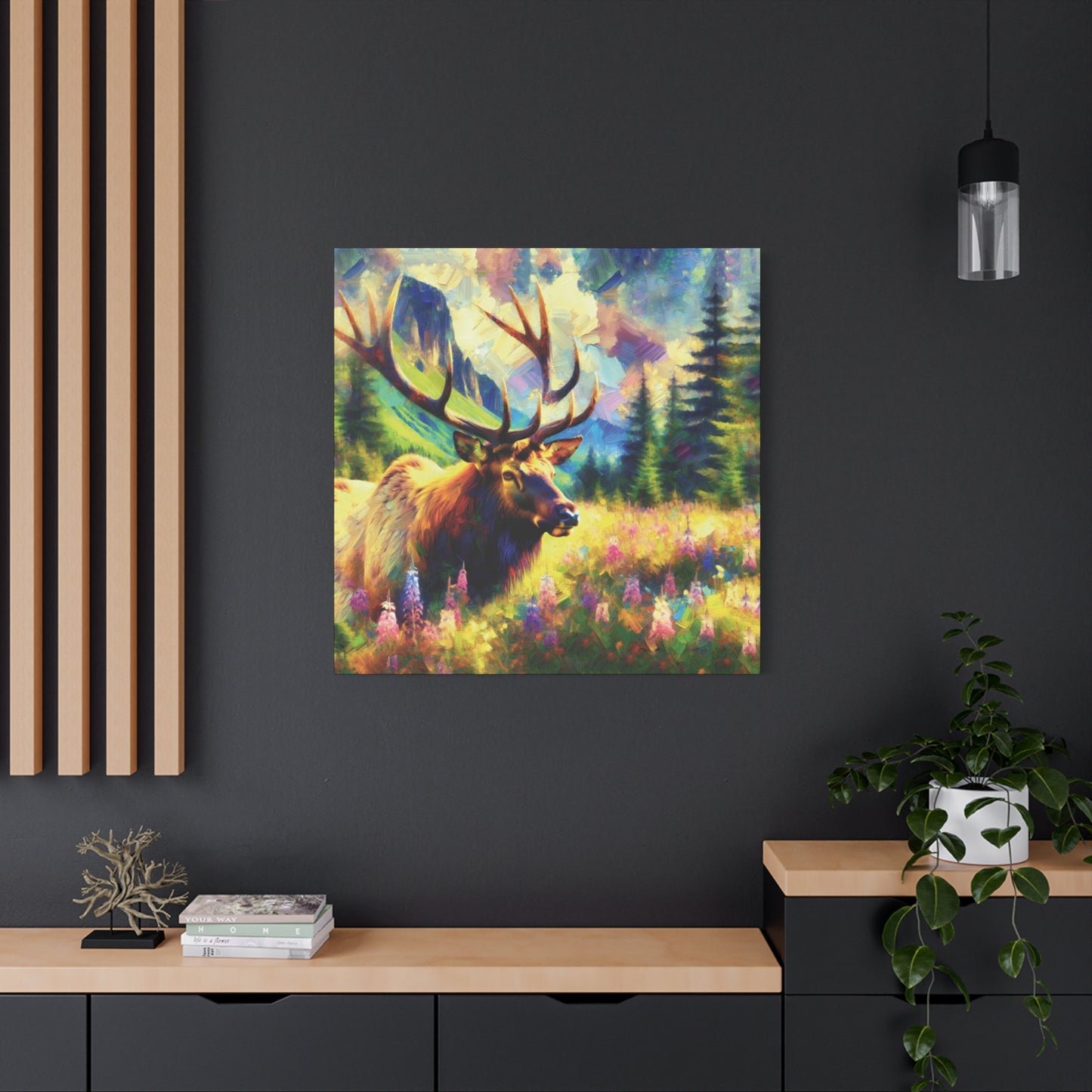 Bull Elk in Mountain Meadow Impressionist Canvas Art Print