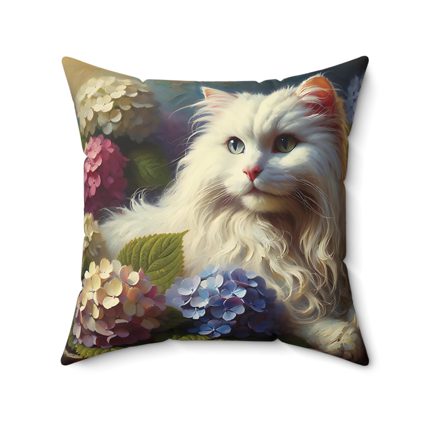 Decorative Pillow - Young White Cat with Hydrangeas Cozy Faux Suede