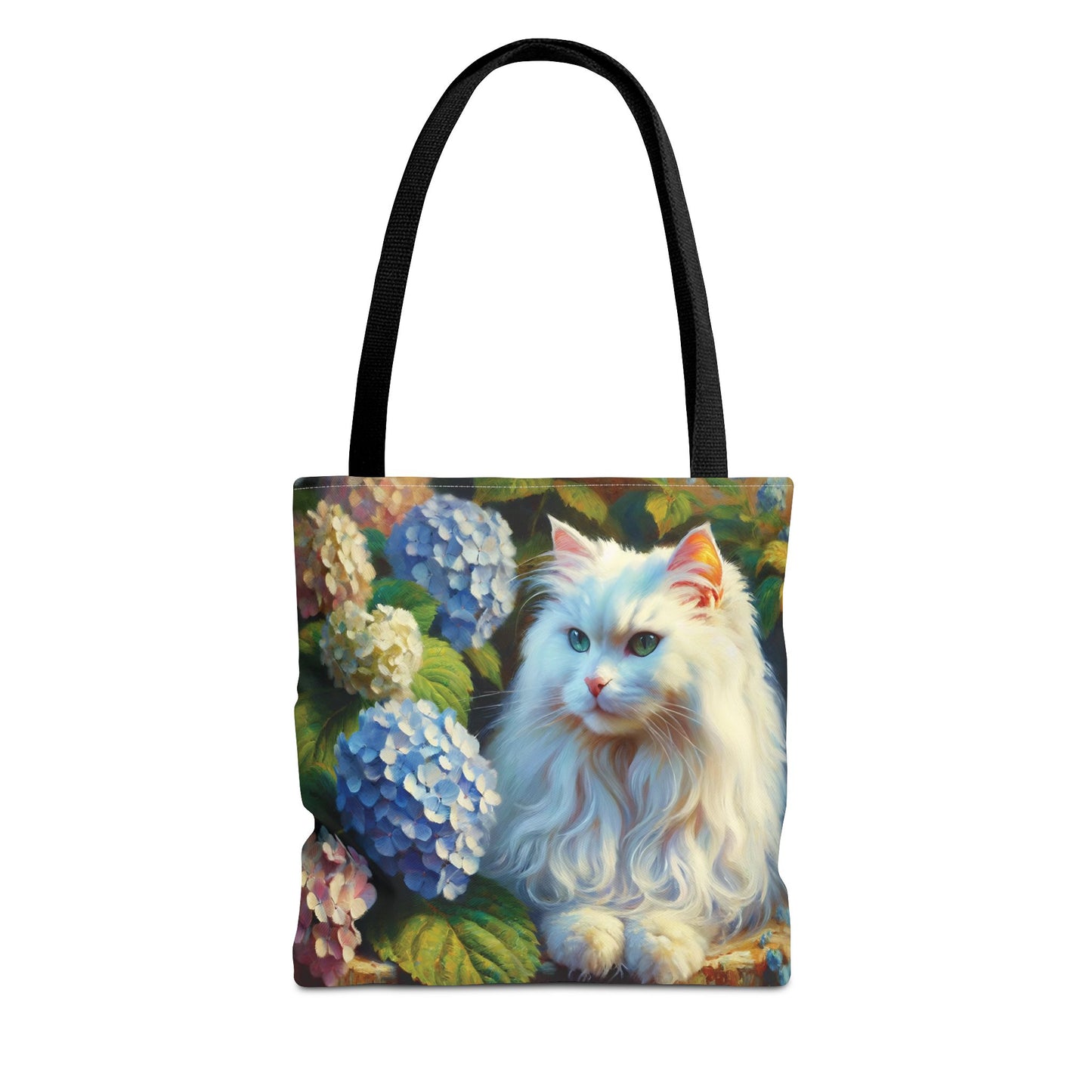 Cat Tote Bag - Impressionist Style Art featuring The Artist's White Cat with Hydrangeas
