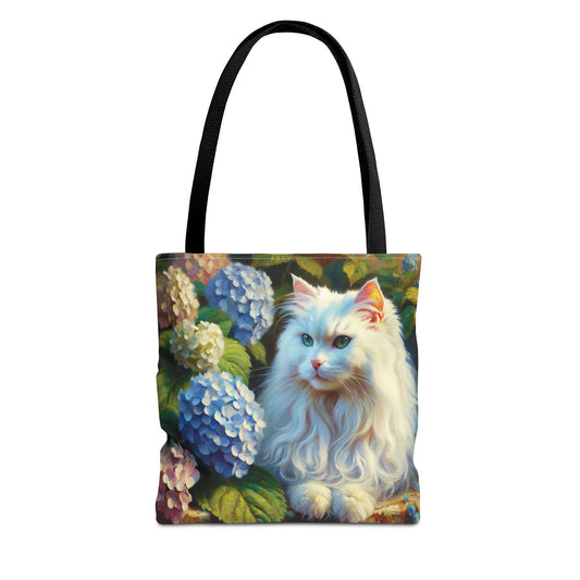 Cat Tote Bag - Impressionist Style Art featuring The Artist's White Cat with Hydrangeas